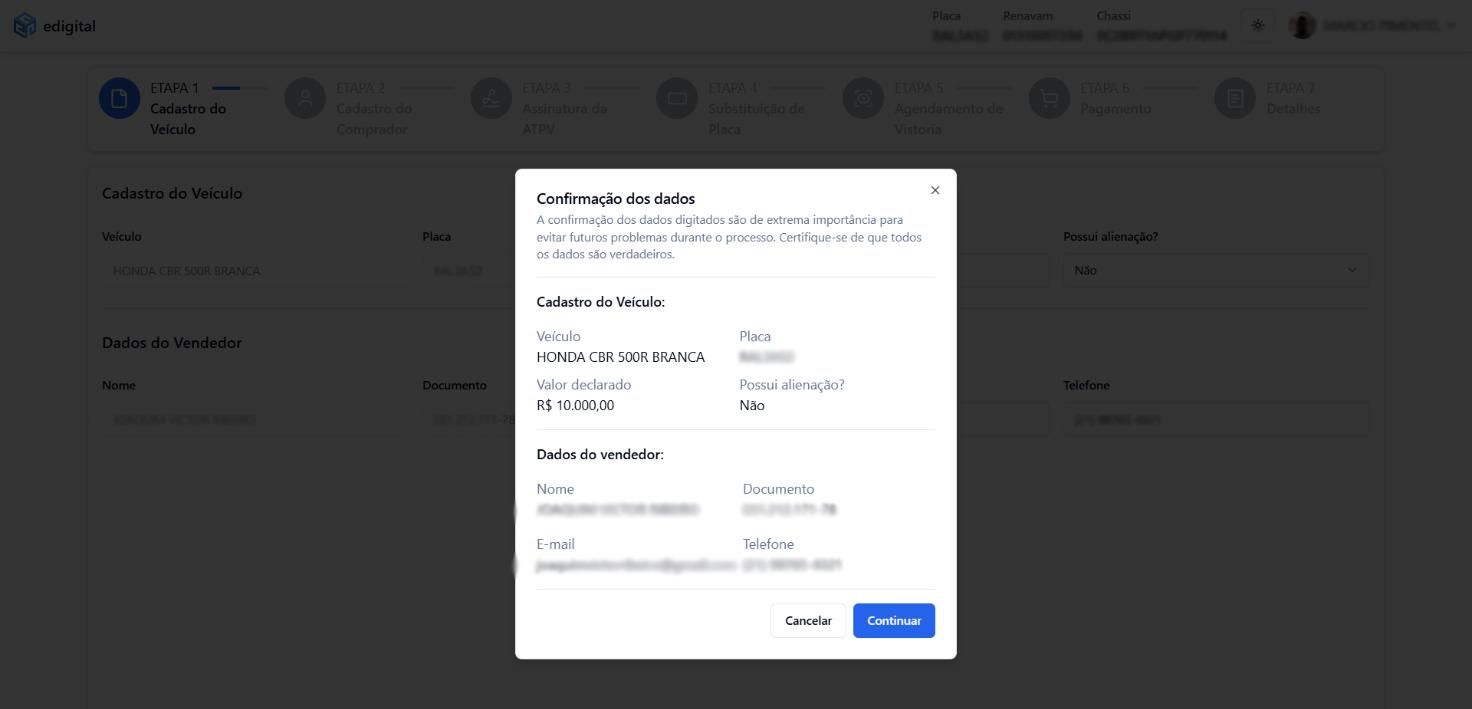 Pop-up Confirma Veículo